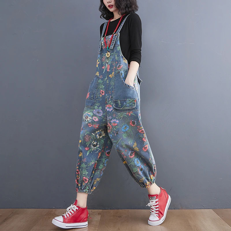 Trendy Large Size Oversized Floral Print Denim Overalls High Waist Spring Fashion Age Reduction Loose Fit Nine Points Jumpsuit 260714banjia - view 5