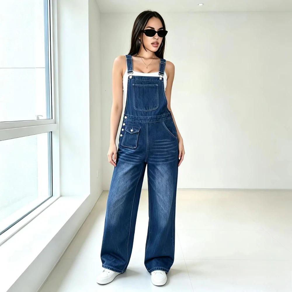 Womens Wide Leg Denim Overalls Loose Washed Straight Cargo Adjustable Straps Multi Pocket Jeans 260714banjia