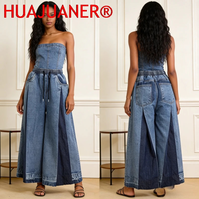 Jean Wide Leg Pants Washed Vintage Ankle Length Trousers Drawstring Elastic Waist Patchwork Distressed Streetwear Denims 260714banjia