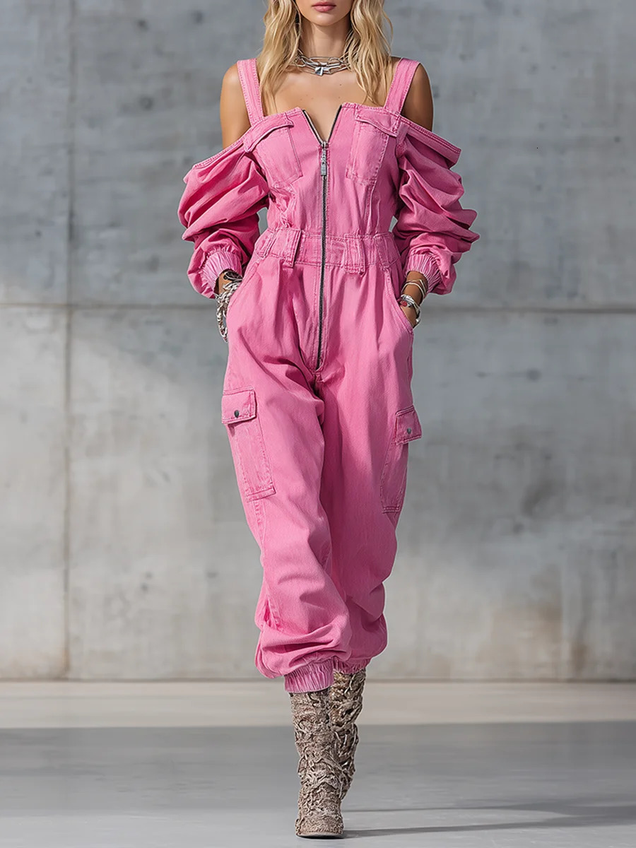 Vintage Denim Jumpsuit Woman Solid Zipper Offshoulder High Wait Loose Cargo Pants Romper Long Sleeve Overalls OnePiece Suit 260714banjia