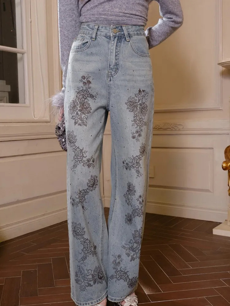 Women Winter Warm Fleece Liner Flowers Embroidery Jeans Fashion High Waist Denim Pants Ladies Wide Leg Trousers 260714banjia