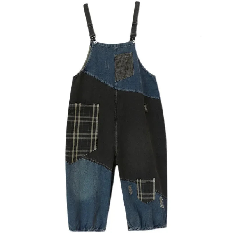 Fashionable plus Size Denim Overalls Spring Loose High Waist Color Block Plaid Wide Leg Nine Point Pants 260714banjia