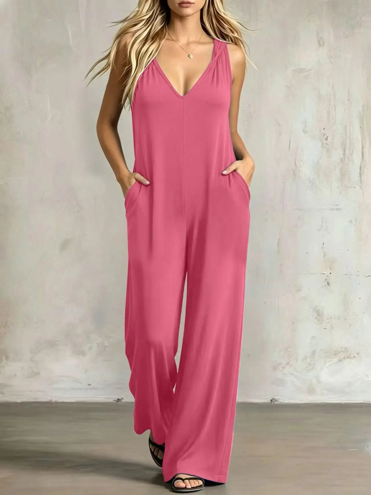 Summer Thin Hanging VNeck Sleeveless OnePiece Pants Wide Leg FloorLength Casual Commute Slimming Trousers Overall Suit 260714banjia