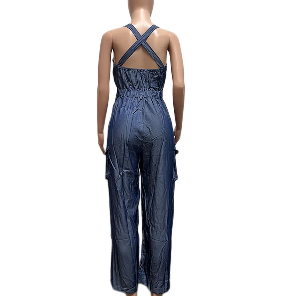 Women Jeans Overalls Spliced Cargo Denim Pants Vintage Washed Ankle Length Jean Pockets Solid High Street Loose Fit Button 260714banjia