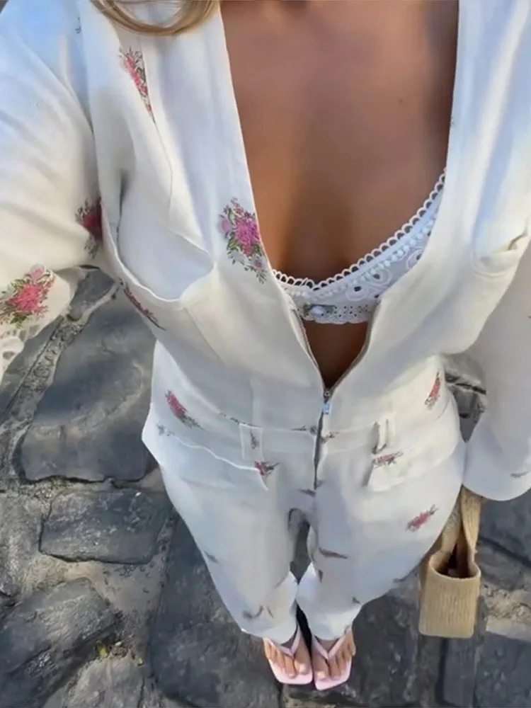 Fashion Printed Womens Jumpsuit Vneck Zipper Full Sleeve Waist Cinching Rompers 2026 Autumn Chic Female Street Overalls 260714banjia