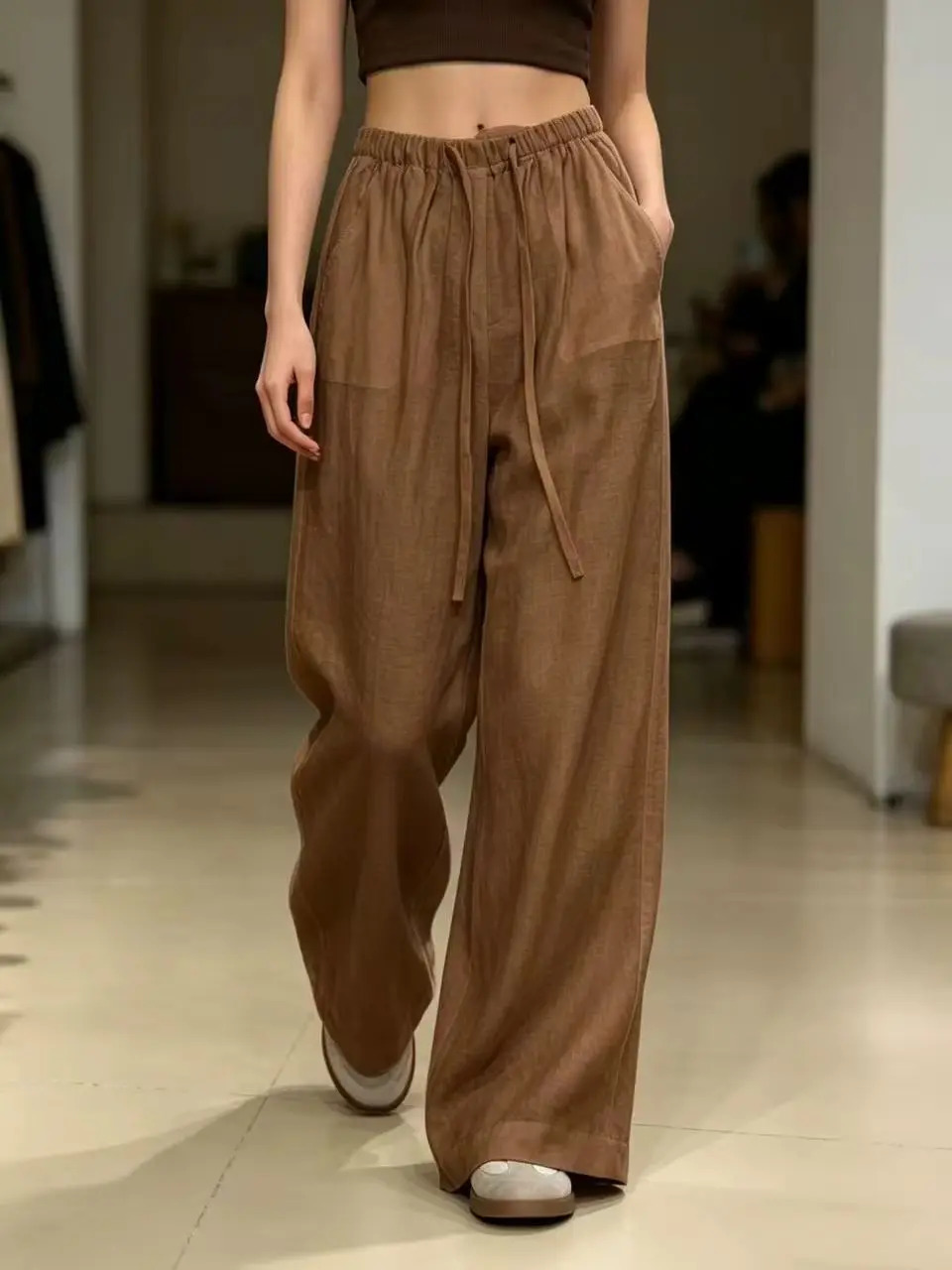 Casual 100 linen loose elastic waist long pants 260714banjia