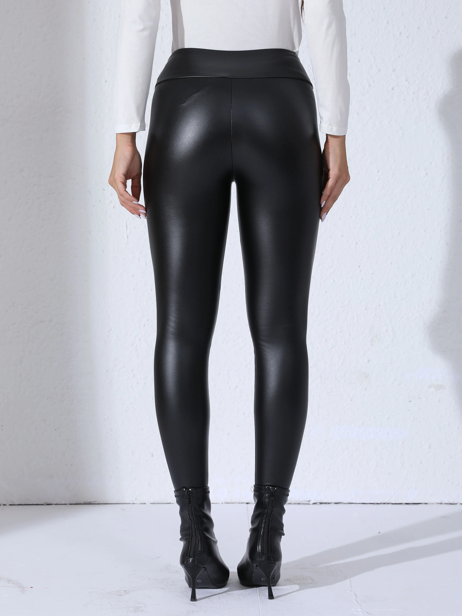 Women PU Leather Fleecelined Leggings With Pockets Elastic Slim Skinny Pants High Waist Daily Trendy Casual Trousers 260714banjia