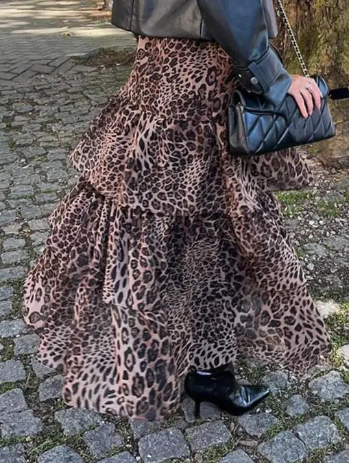 Skirt for Women 2026 Spring Fashion Leopard Print Slit Front High Waist Streetwear Casual Ruffles Cake Long Skirt 260714 - view 5