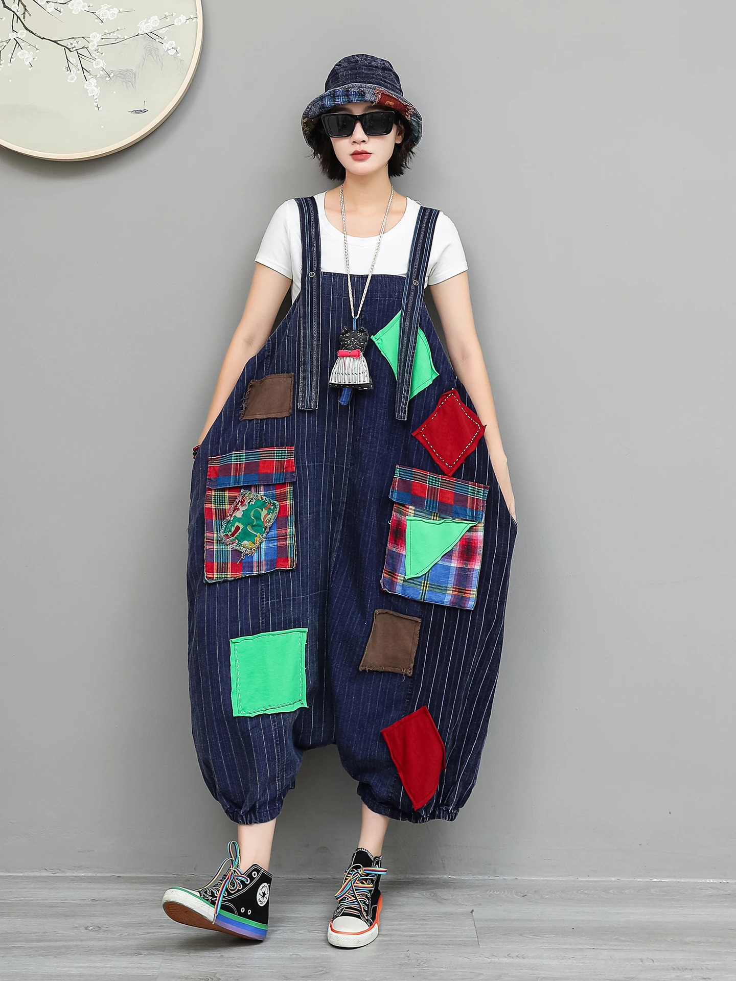 Unique Niche n Vintage Fabric Patchwork Overall Summer Loose Highwaist Large Patch Pockets Jumpsuit LX6079 260714banjia