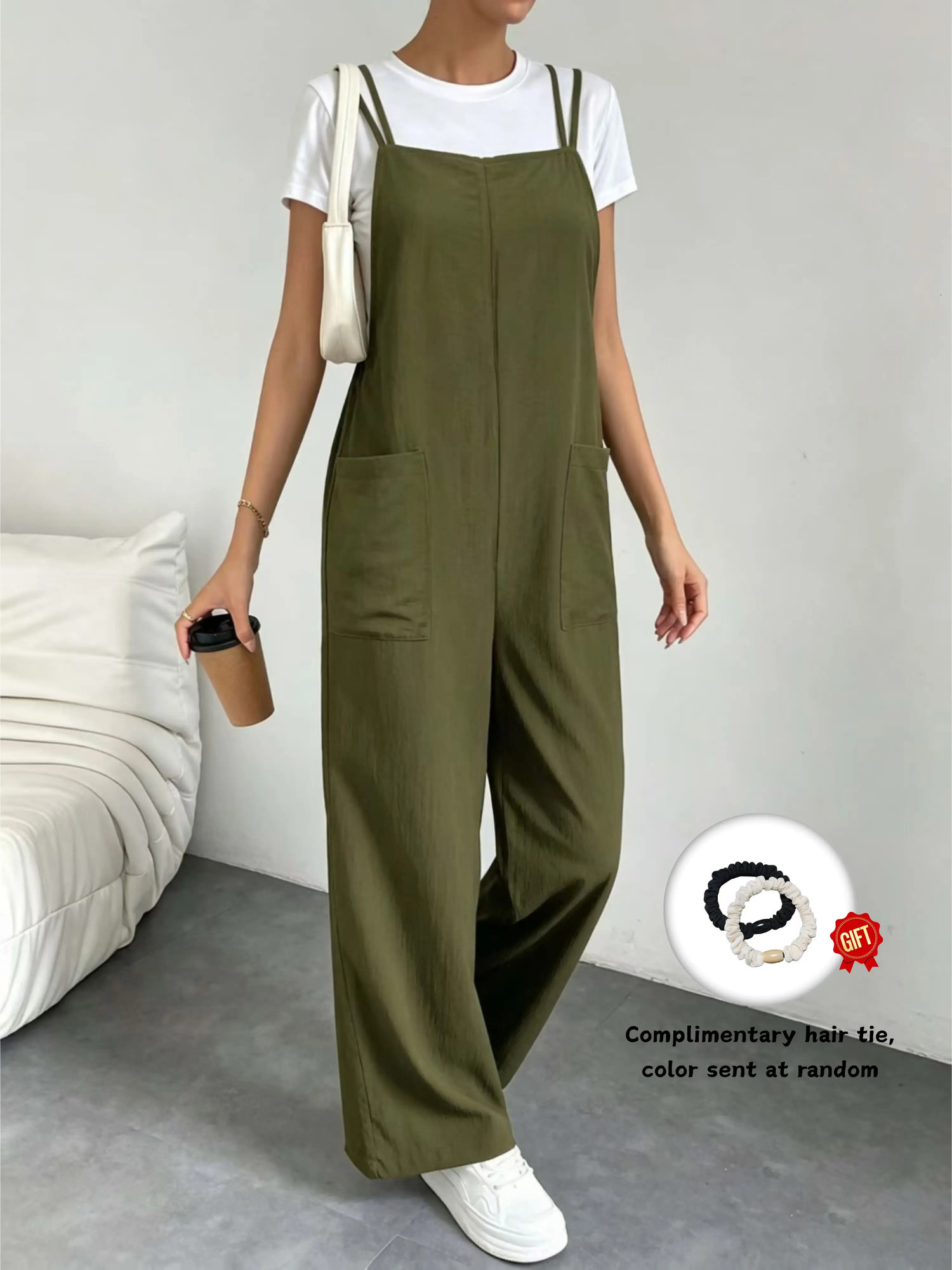 Women Olive Green Viscose Overalls Thin Spaghetti Strap Square Neck Bib Jumpsuit Loose Wide Leg Long Pants with Side Pockets Sof 260714banjia
