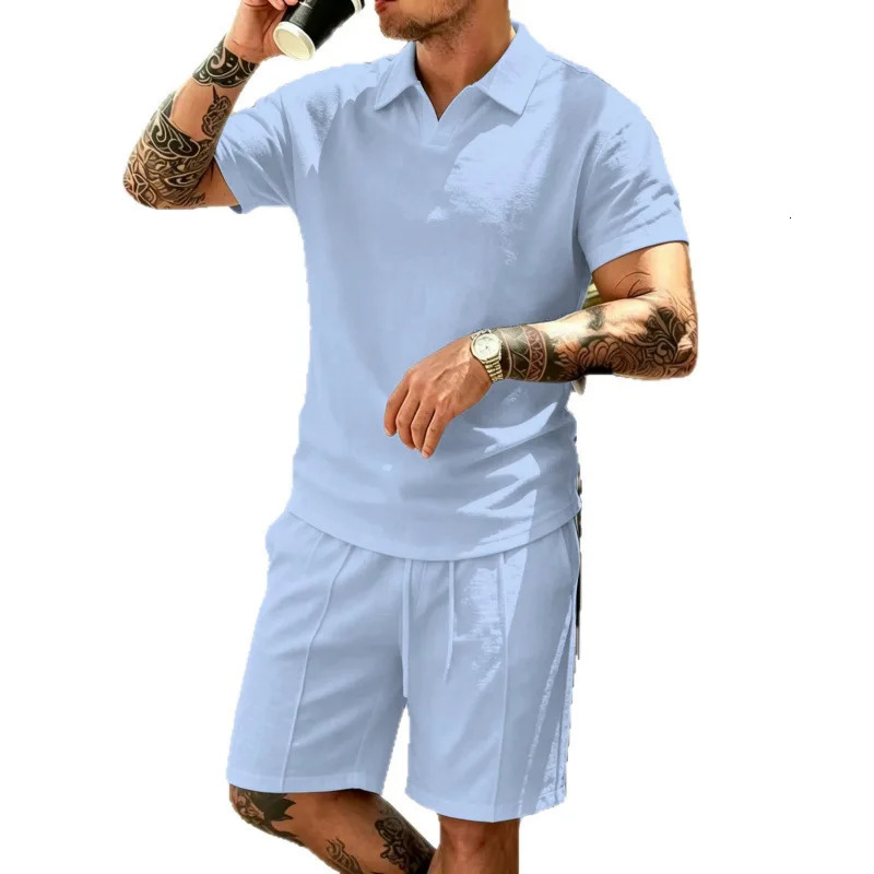 summer mens solid-color casual mixed-pattern short-sleeved clothing sets from Europe and America 260714 - view 5