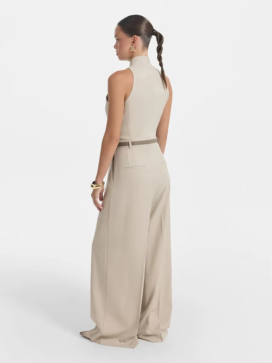 IG 2026 Womens Beige Halter Neck Jumpsuit with Belt Sleeveless Wide Leg Pants Elegant Formal Office Outfit 260714banjia