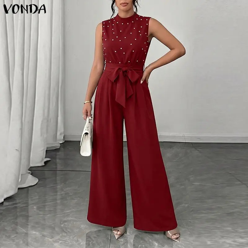 Summer Sleeveles Jumpsuits Fashion VONDA Solid Color Wide Leg Pants OL Work Party Overalls Playsuits Streetwear 260714banjia