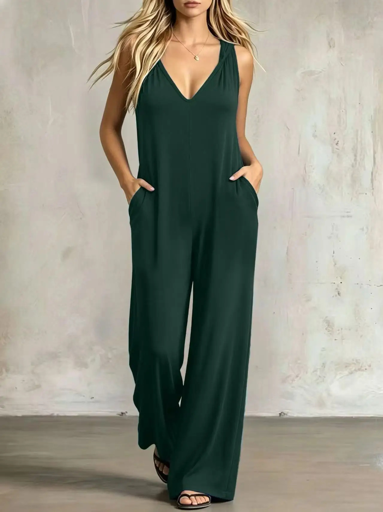 Summer Thin Hanging VNeck Sleeveless OnePiece Pants Wide Leg FloorLength Casual Commute Slimming Trousers Overall Suit 260714banjia