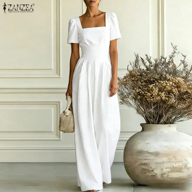 ZANZEA Summer Women Overalls Pants Rompers Elegant Square Neck Waisted Jumpsuits Solid Loose Wide Leg Trouser Streetwear 260714banjia - view 5