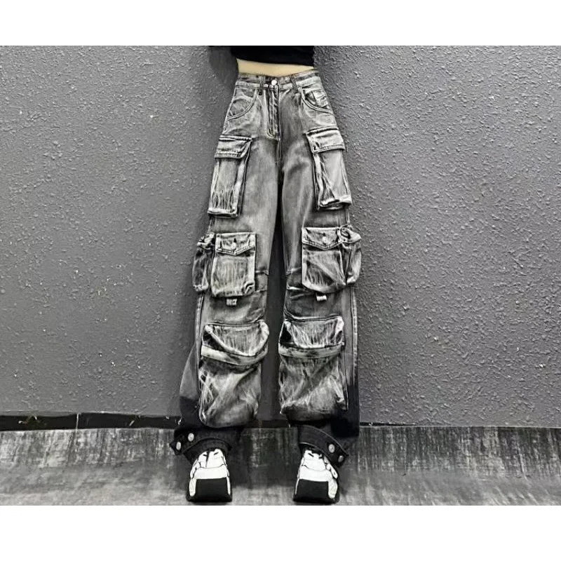 Women Y2k Jeans Fall Trendy Oversized Pocket n Distressed Wash Vintage Cargo Loose Fit Denim Pants 260714banjia