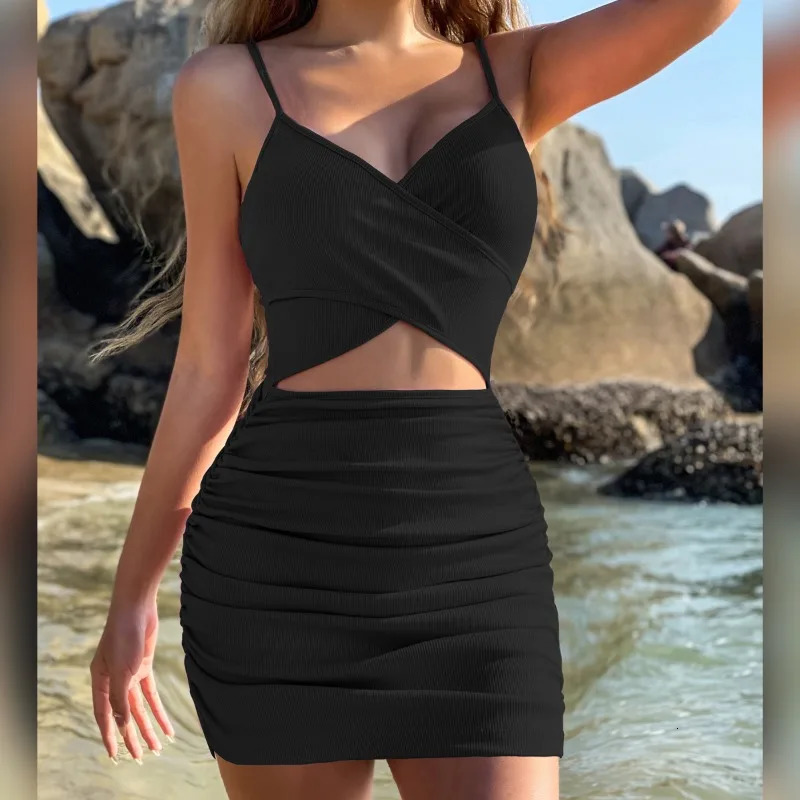 Women Sexy Cutout Bodycon Dress Euro Style Cross Back Straps Hollow Out Nightclub Party Evening Outfit Slim Fit Stretchy 260714banjia - view 6