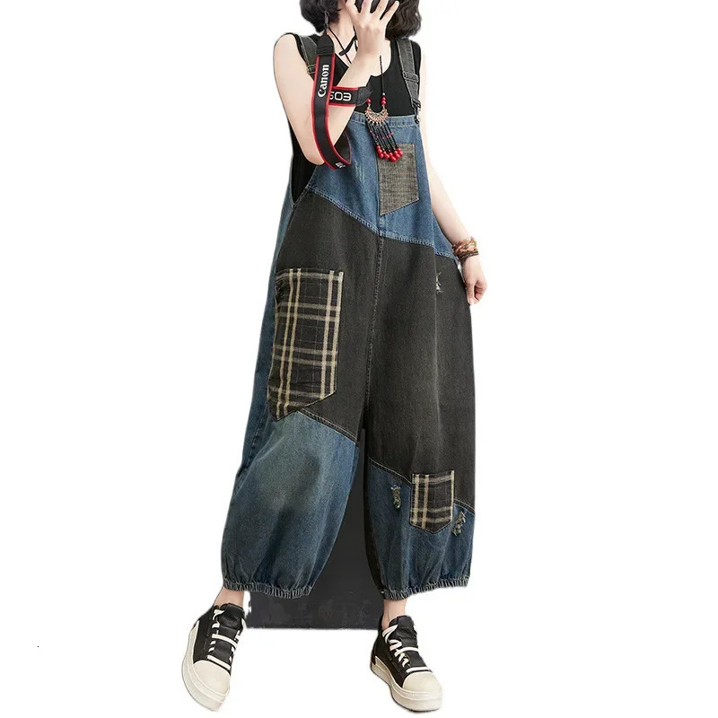 Fashionable plus Size Denim Overalls Spring Loose High Waist Color Block Plaid Wide Leg Nine Point Pants 260714banjia