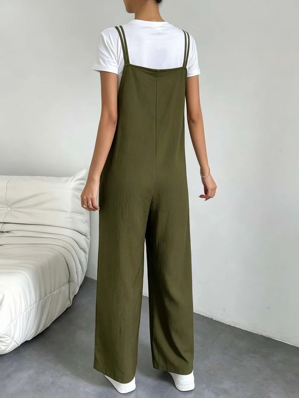Women Olive Green Viscose Overalls Thin Spaghetti Strap Square Neck Bib Jumpsuit Loose Wide Leg Long Pants with Side Pockets Sof 260714banjia