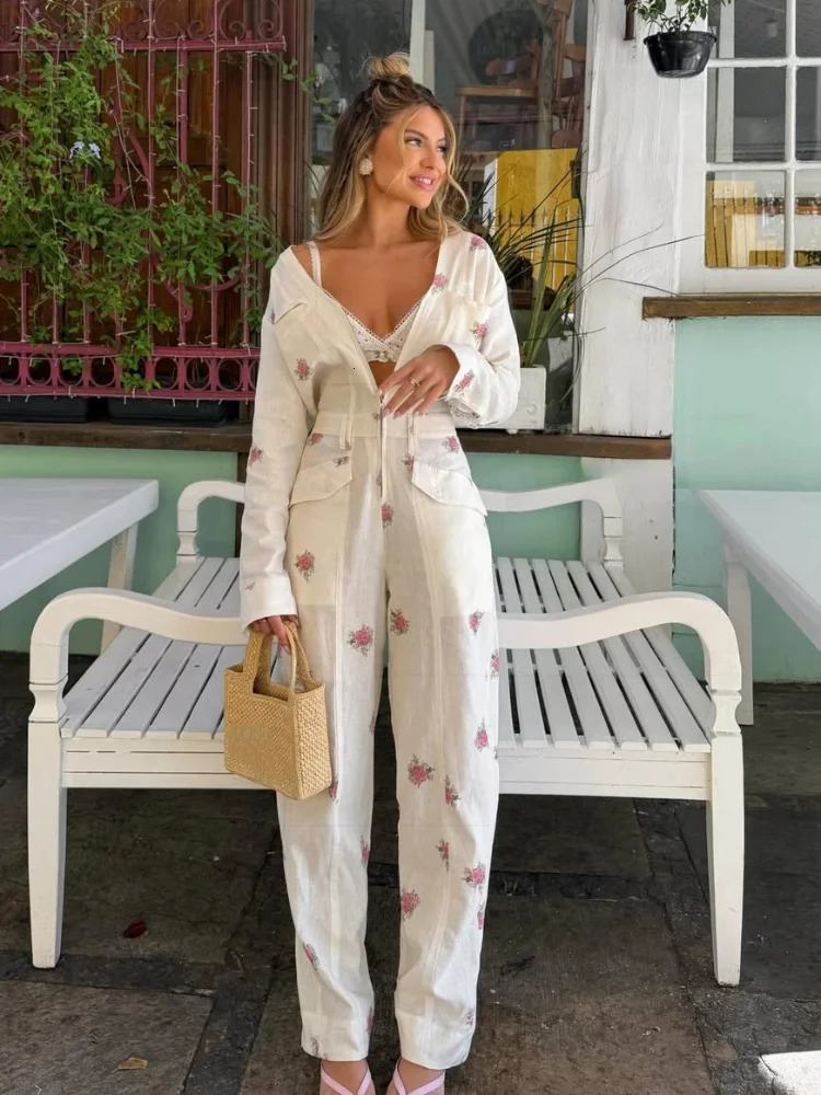 Fashion Printed Womens Jumpsuit Vneck Zipper Full Sleeve Waist Cinching Rompers 2026 Autumn Chic Female Street Overalls 260714banjia