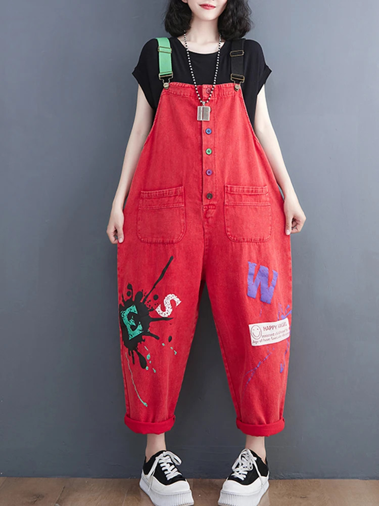 Denim Jumpsuits for Women Casual Printing Outfits Rompes Loose Korean Fashion Vintage Playsuits Clothing 260714banjia