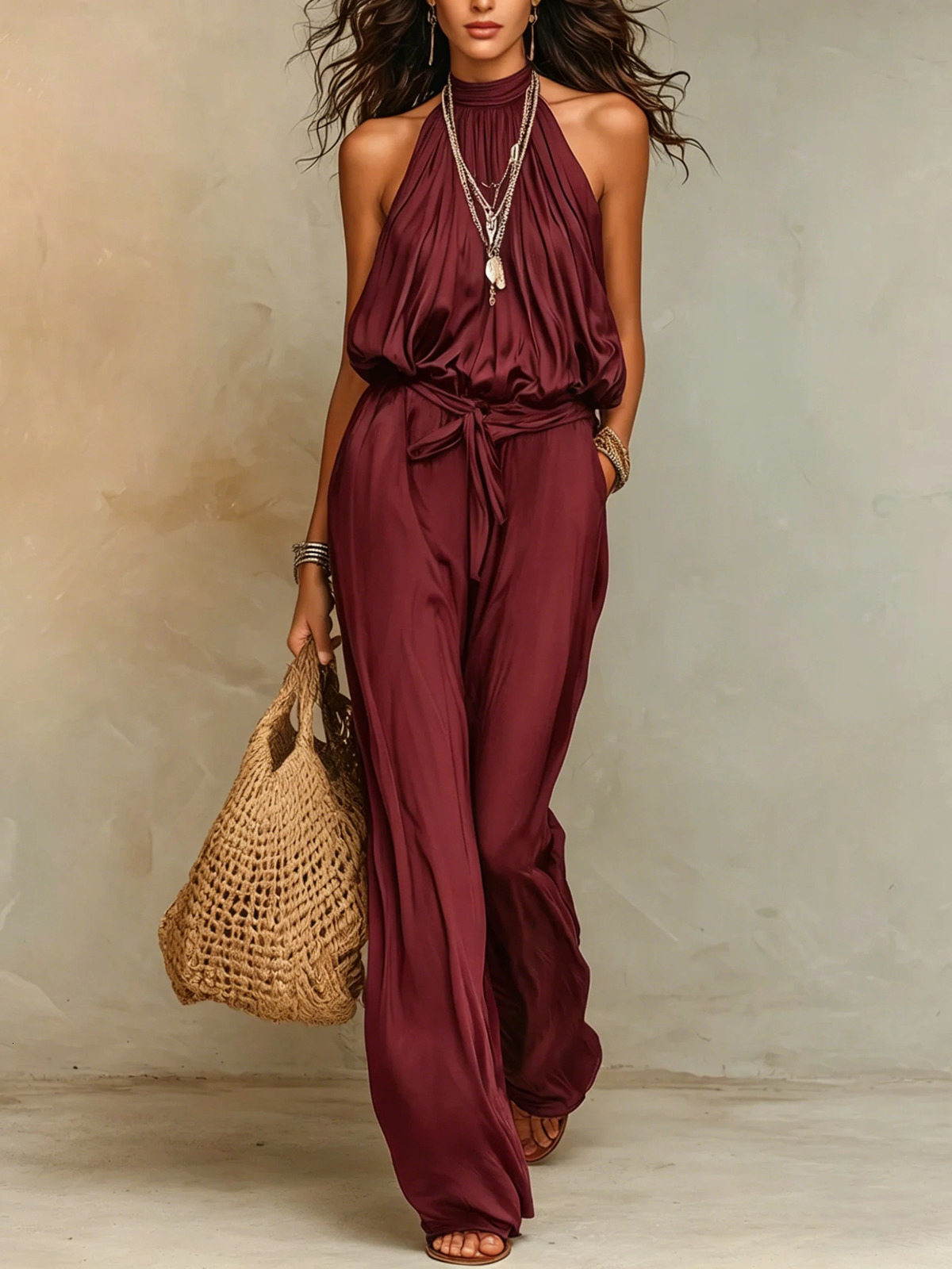 Women Halter Neck Sleeveless Jumpsuit Elastic Waist Belted Wide Leg Pants Summer Casual Loose Solid Color Romper 260714banjia