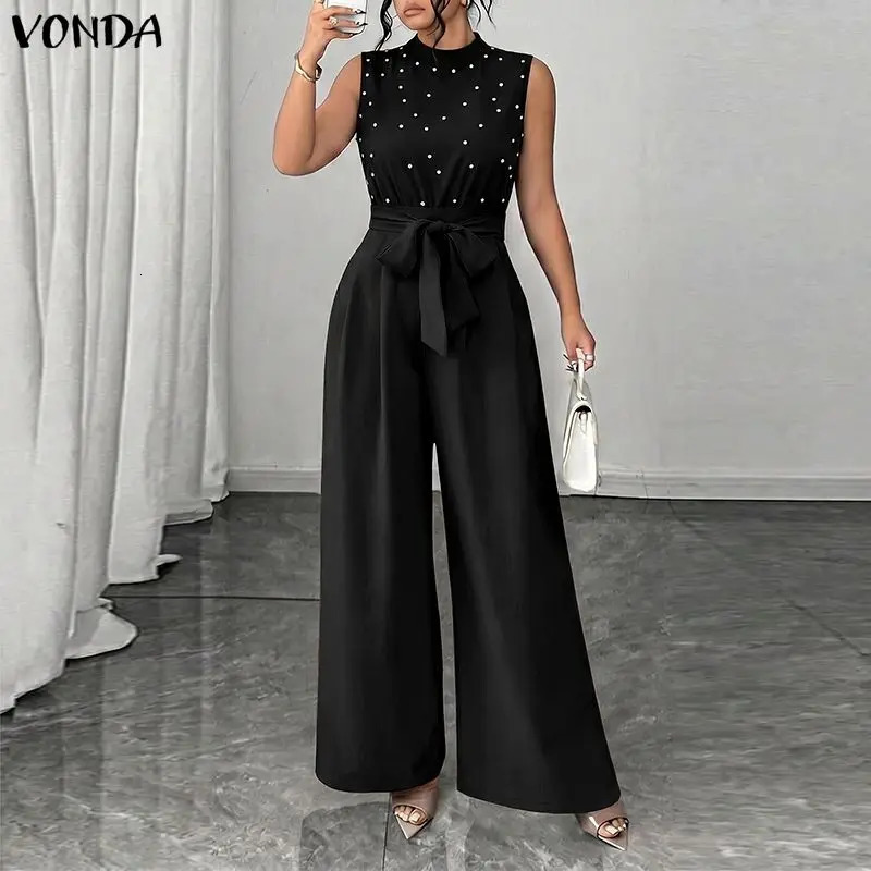 Summer Sleeveles Jumpsuits Fashion VONDA Solid Color Wide Leg Pants OL Work Party Overalls Playsuits Streetwear 260714banjia