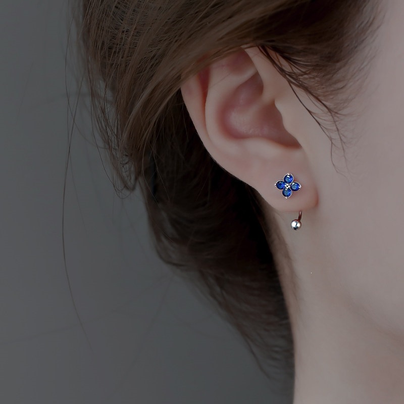 Four Leaf Clover Flower 925 Silver Earring For Women Sterling Silver Blue Zircon Diamond Stud Earrings Hiphop Punk Sweet Design Pin Body Jewelry Desig - view 3