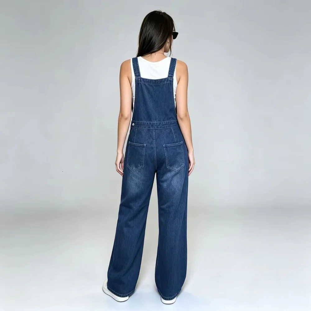 Womens Wide Leg Denim Overalls Loose Washed Straight Cargo Adjustable Straps Multi Pocket Jeans 260714banjia