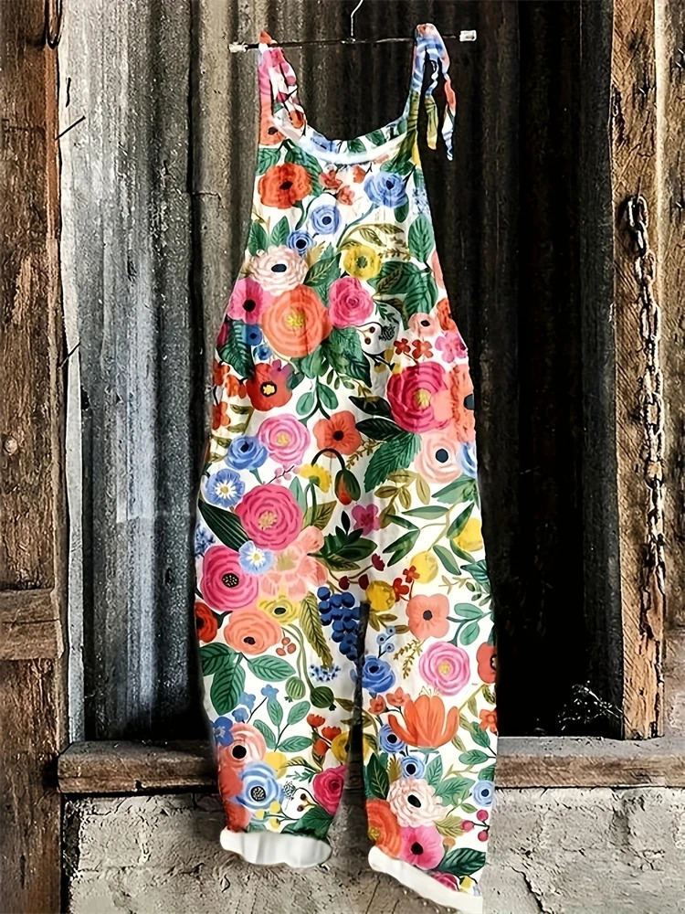 Womens Sling Bodysuit Pants Sleeveless Floral Printed Wide Leg Casual Outdoor Loose Backless Comfortable Breathable 260714banjia - view 3