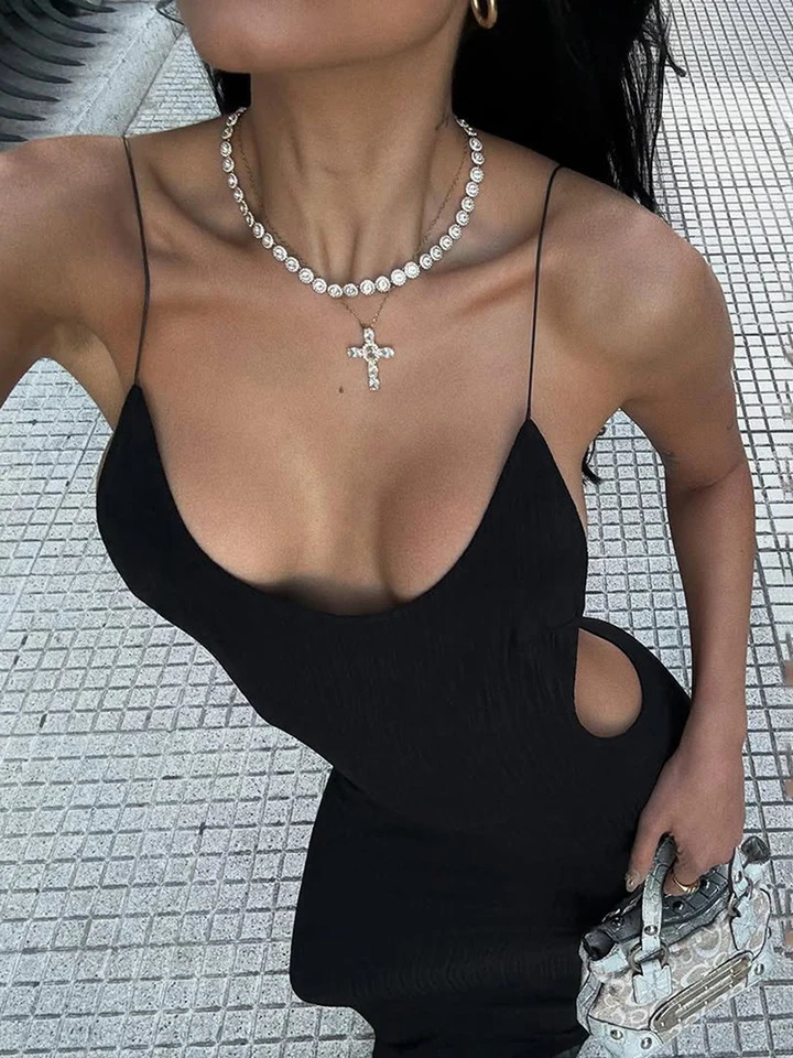 Sisterlinda Sexy Cross Backless Dres Trend Metal Cube Sleeveless LowNeck Coquette Midnight Party Club Stretch Vestidos 260714banjia