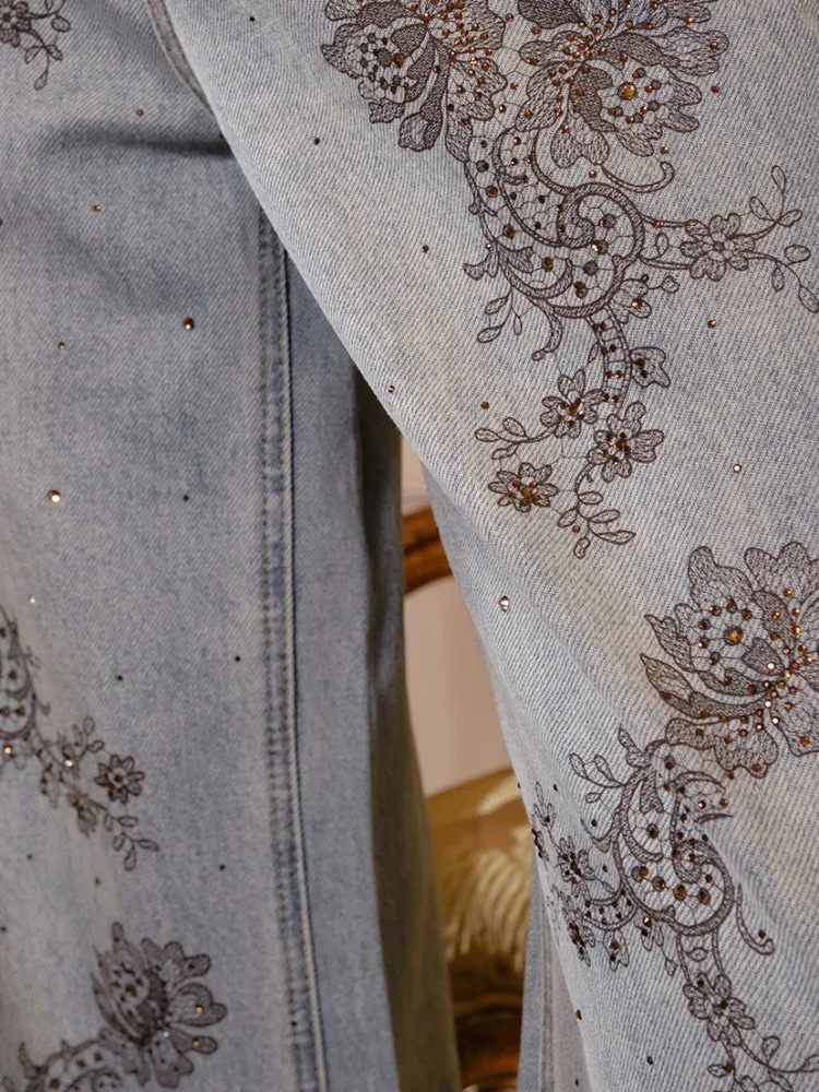 Women Winter Warm Fleece Liner Flowers Embroidery Jeans Fashion High Waist Denim Pants Ladies Wide Leg Trousers 260714banjia