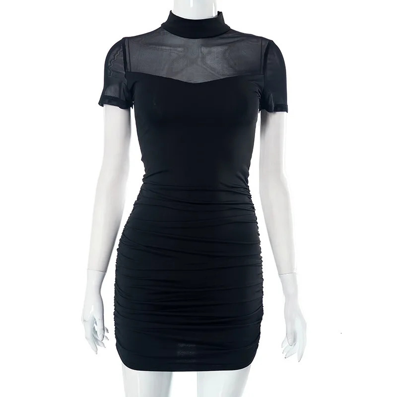 Sexy Spicy Girl Solid Color Mesh Splice round Neck Slim Fit High Waist Overhead Short Style Summer Dress 260714banjia