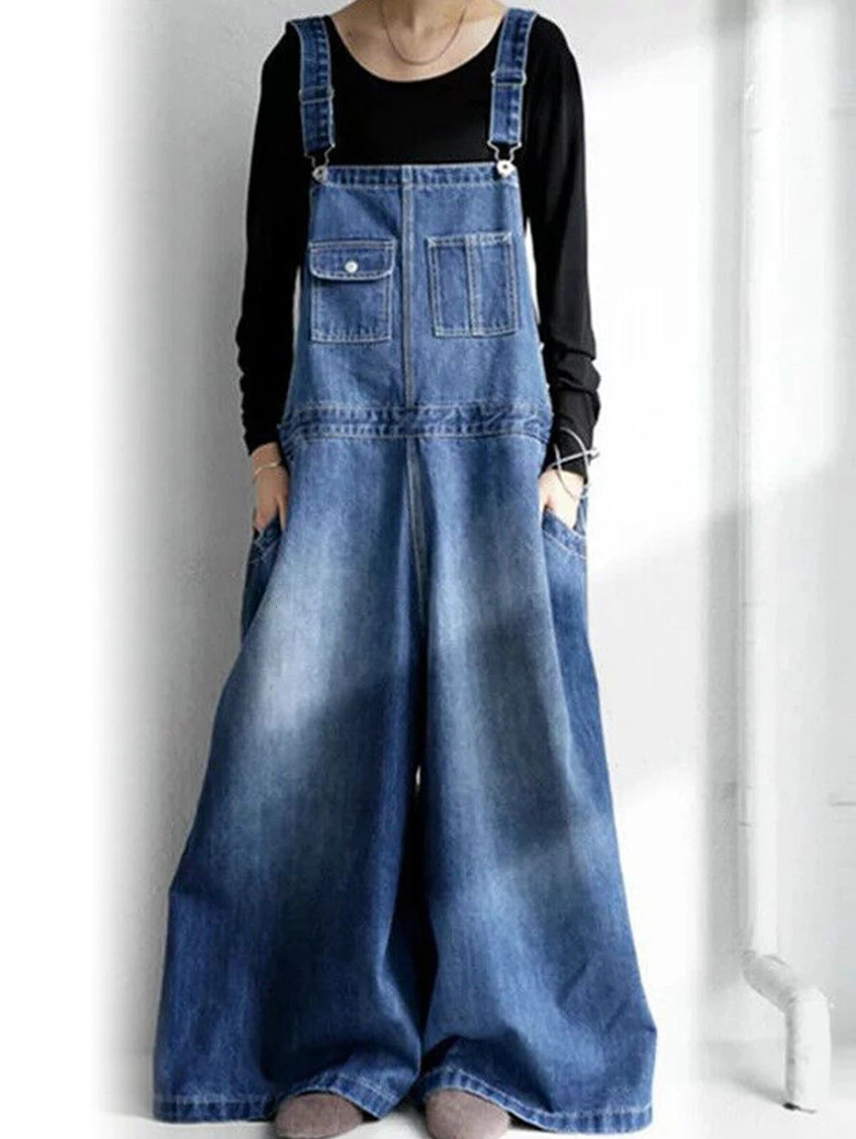 Women Denim Overalls Vintage Streetwear Loose Jumpsuit Korean Straight Wide Leg Pants Casual Jeans Oversized All Match Trousers 260714banjia