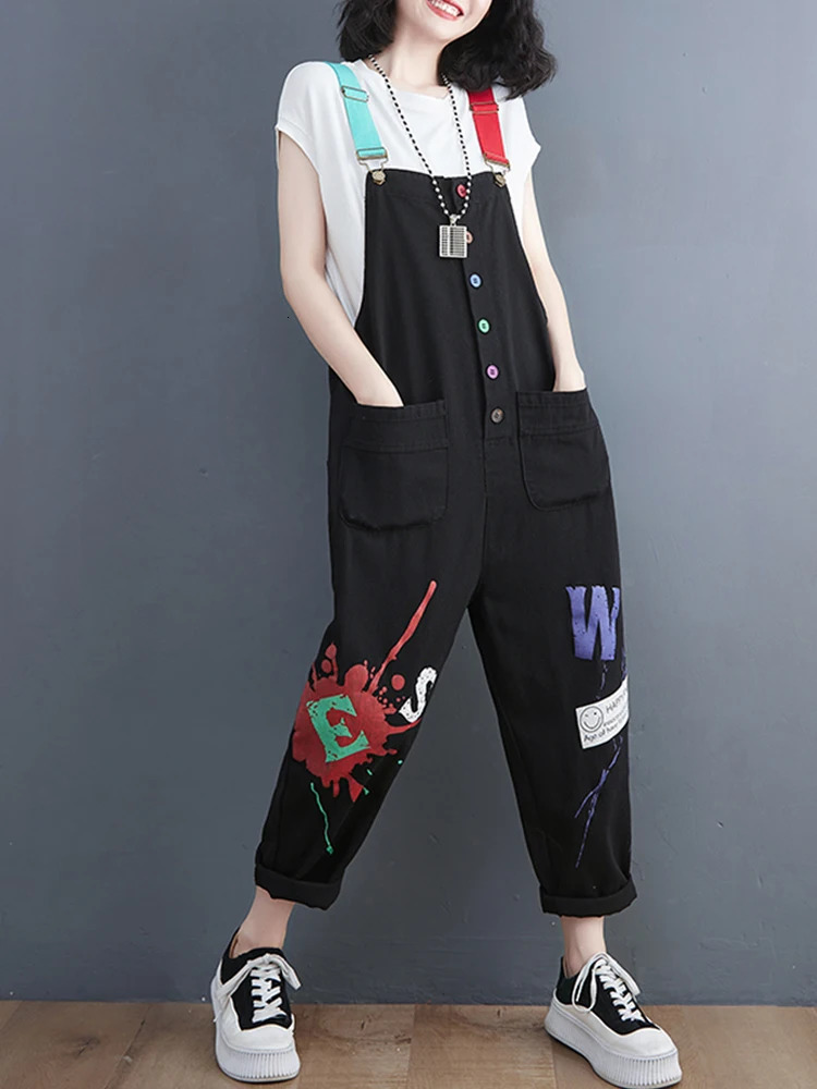 Denim Jumpsuits for Women Casual Printing Outfits Rompes Loose Korean Fashion Vintage Playsuits Clothing 260714banjia