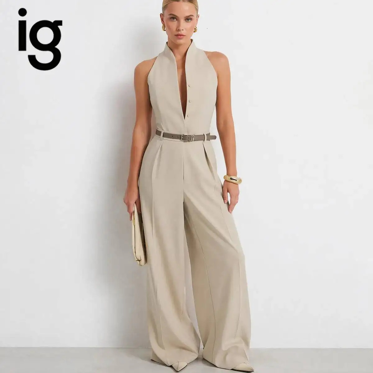 IG 2026 Womens Beige Halter Neck Jumpsuit with Belt Sleeveless Wide Leg Pants Elegant Formal Office Outfit 260714banjia