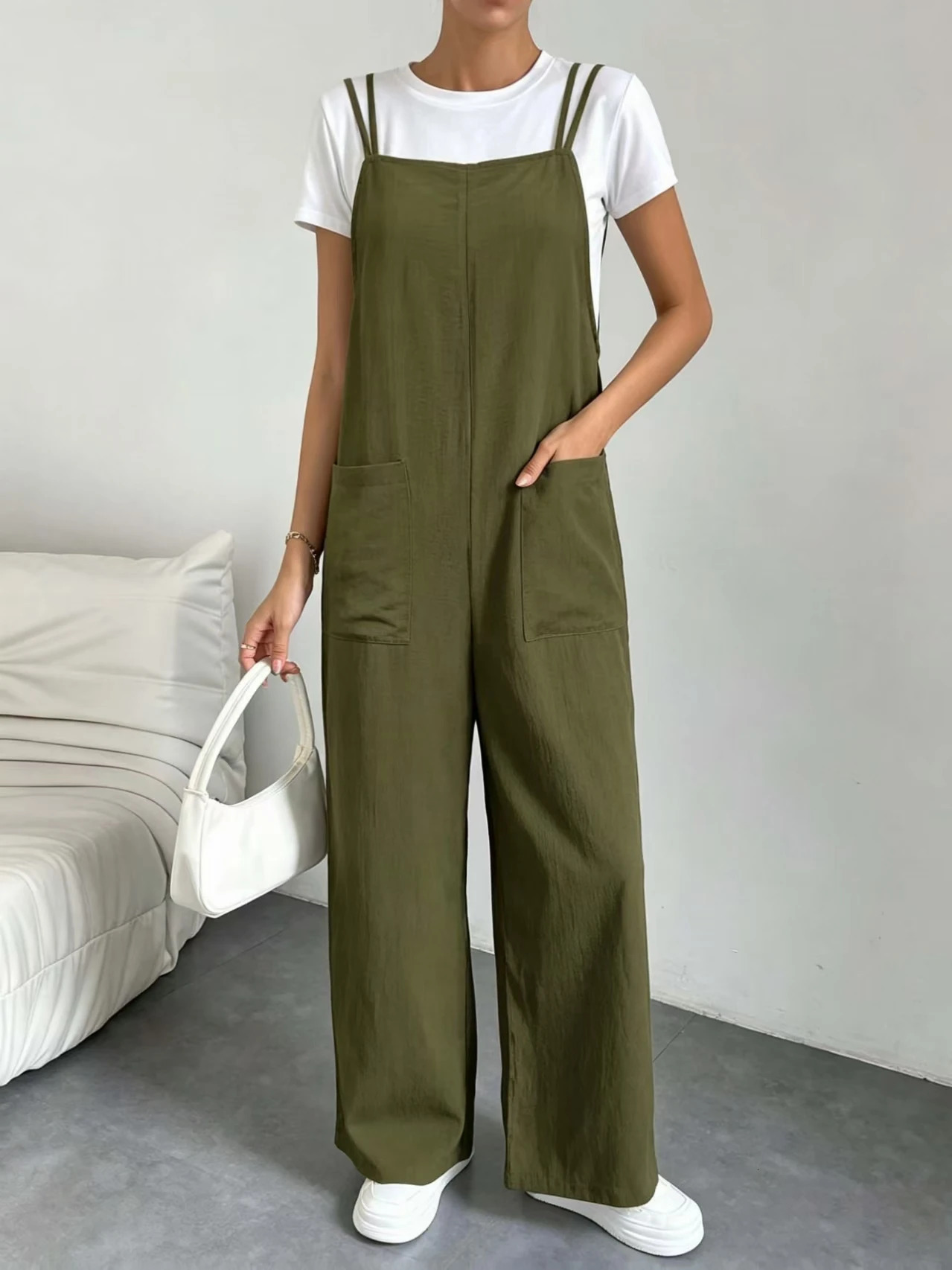 Women Olive Green Viscose Overalls Thin Spaghetti Strap Square Neck Bib Jumpsuit Loose Wide Leg Long Pants with Side Pockets Sof 260714banjia