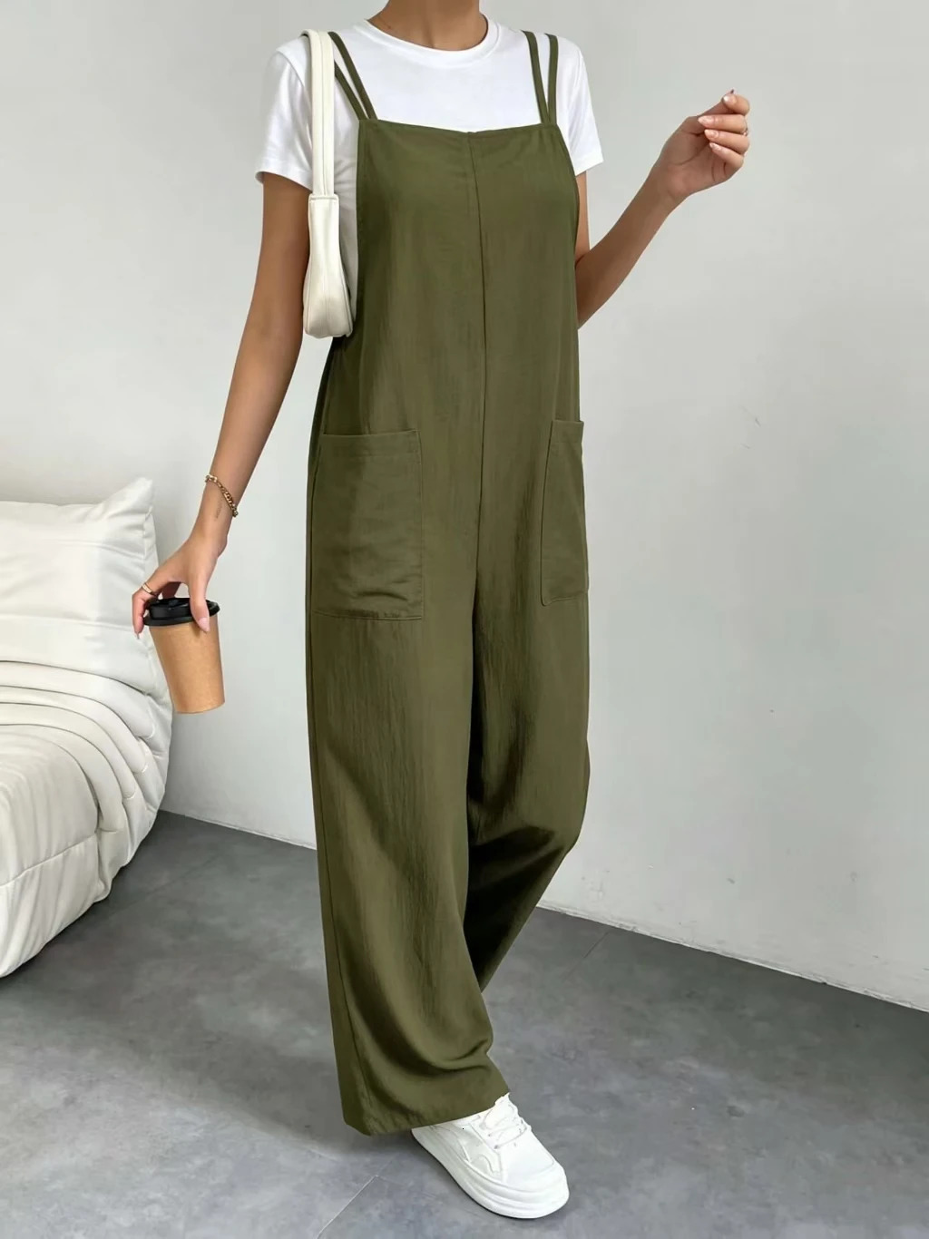 Women Olive Green Viscose Overalls Thin Spaghetti Strap Square Neck Bib Jumpsuit Loose Wide Leg Long Pants with Side Pockets Sof 260714banjia