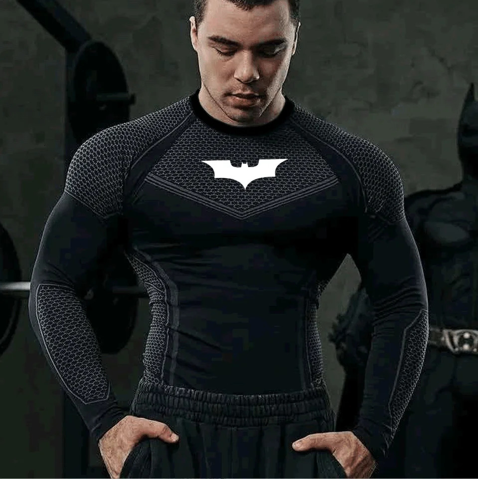 Mens Compression Long Sleeve Shirt Superhero Bat Print Workout Tops Breathable Quick Dry Athletic Base Layer for Gym Running Tr 260714 - view 7
