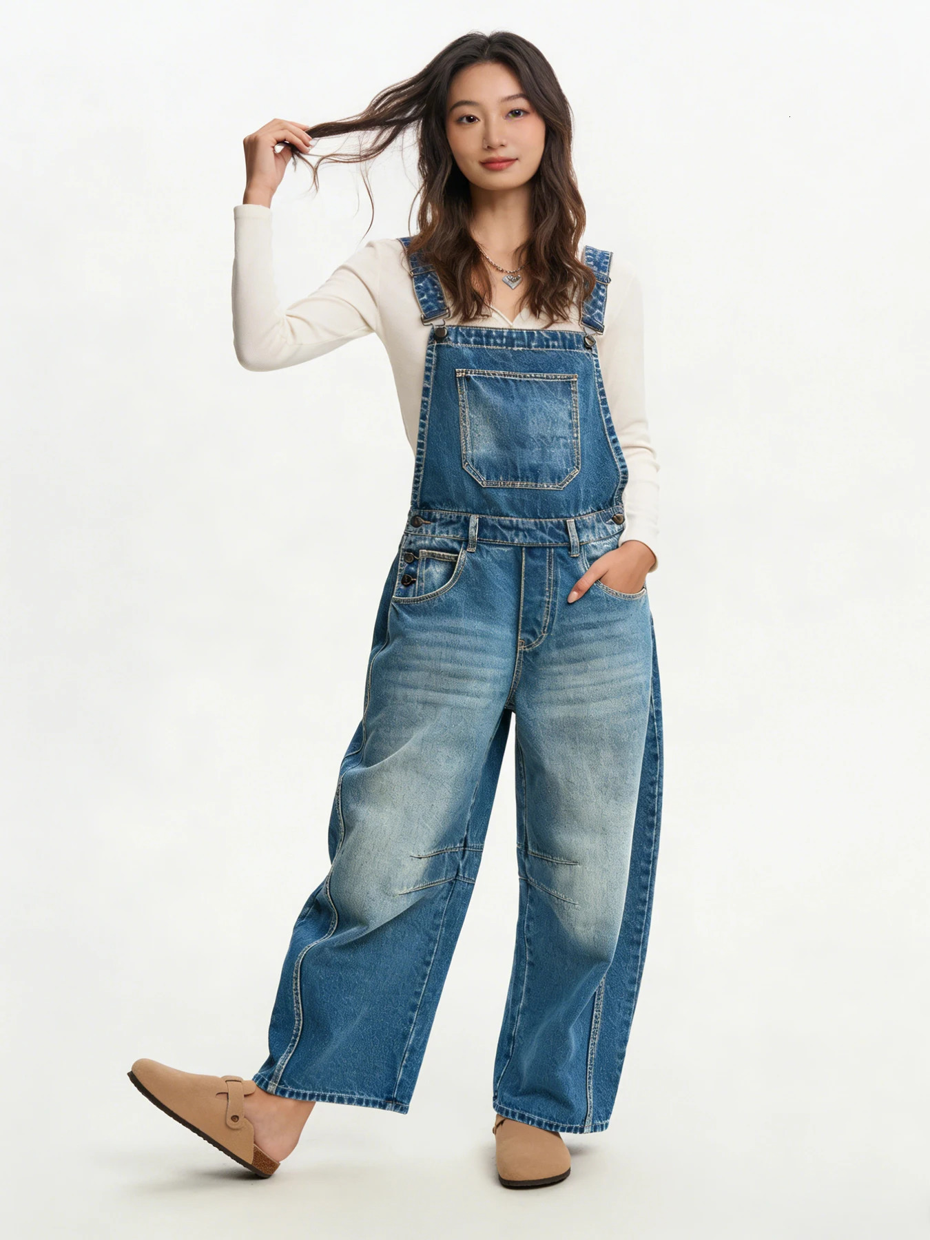 Womens Casual Style Denim Overalls HighWaist WideLeg Fit Gradient Wash MultiPocket Everyday Versatile Pants 260714banjia - view 6