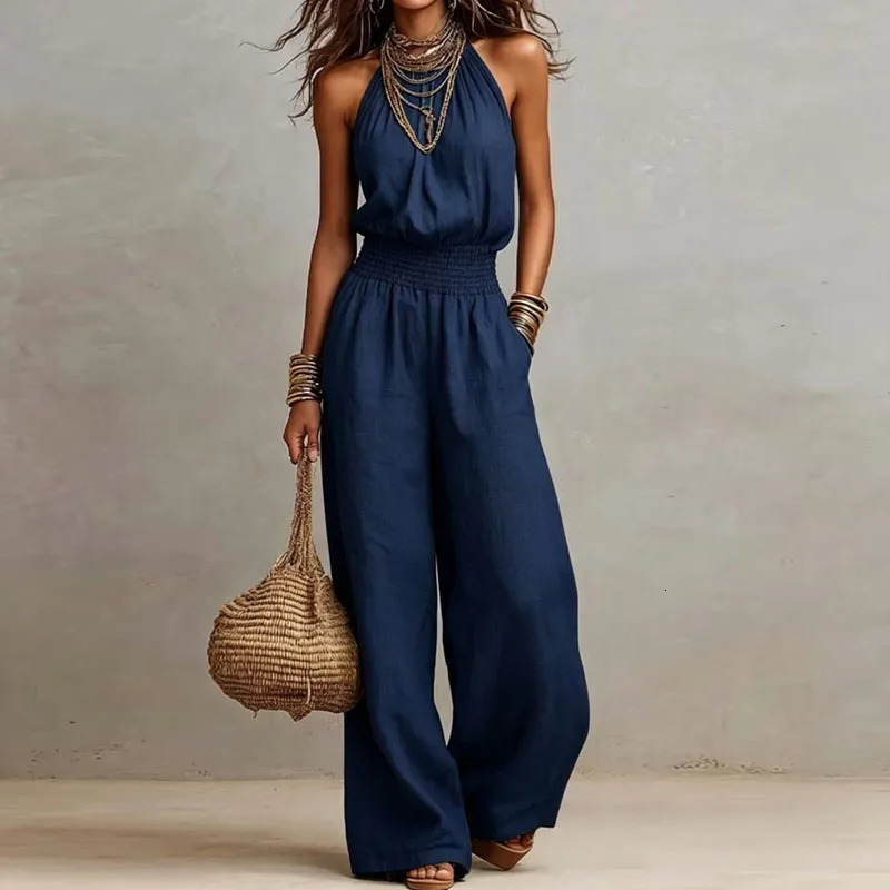 Spring Summer Solid High Waist Woman Jumpsuits Elegant Halter Tieup Backless Rompers Casual Sleeveless Wide Leg Pocket Overalls 260714banjia