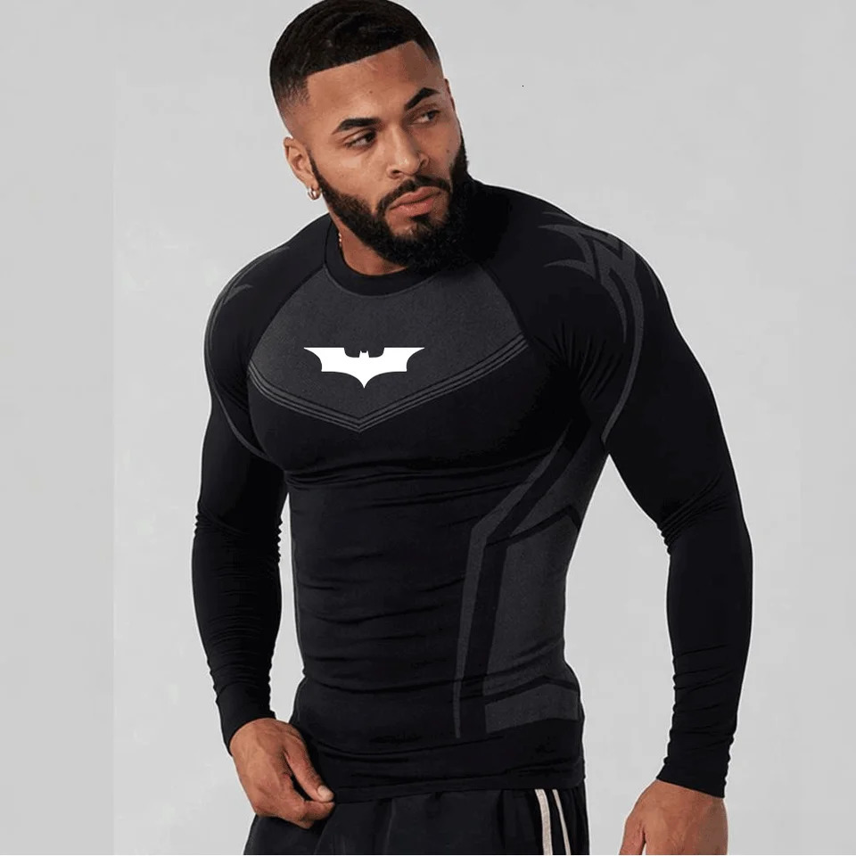 Mens Compression Long Sleeve Shirt Superhero Bat Print Workout Tops Breathable Quick Dry Athletic Base Layer for Gym Running Tr 260714 - view 3