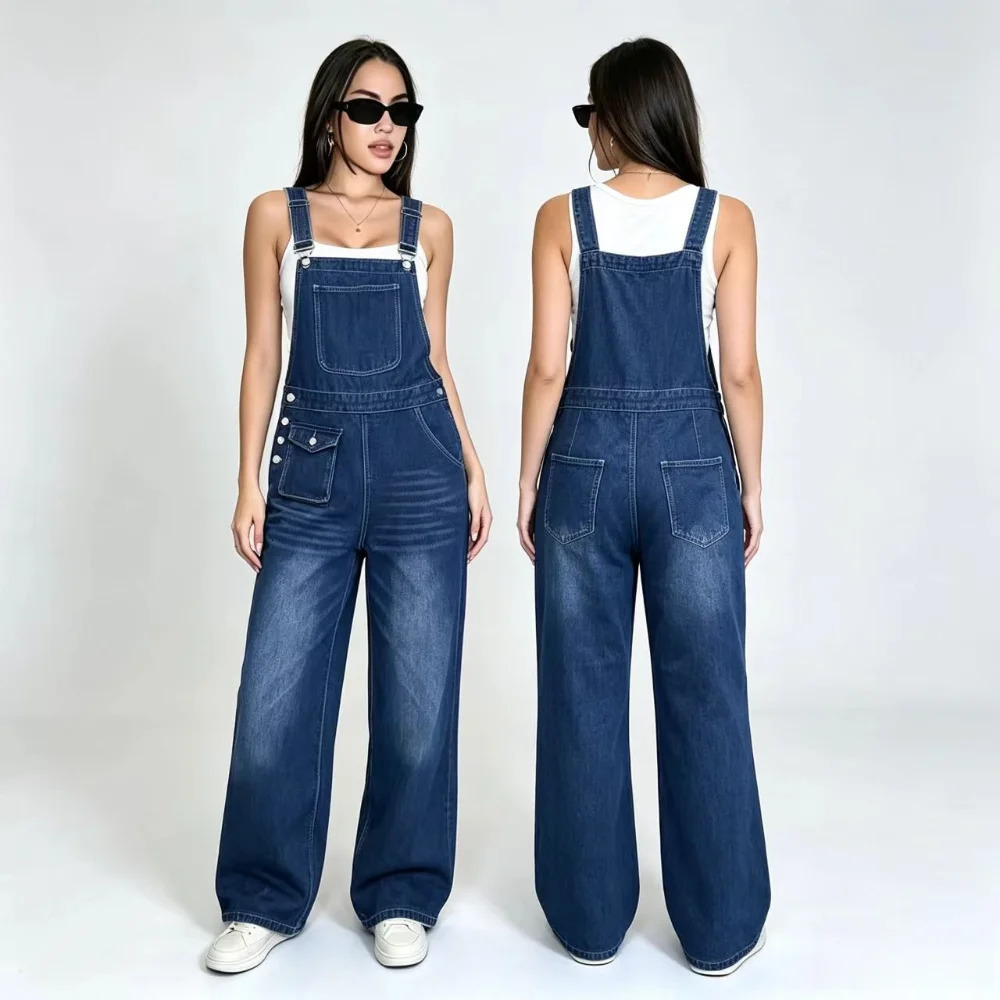 Womens Wide Leg Denim Overalls Loose Washed Straight Cargo Adjustable Straps Multi Pocket Jeans 260714banjia
