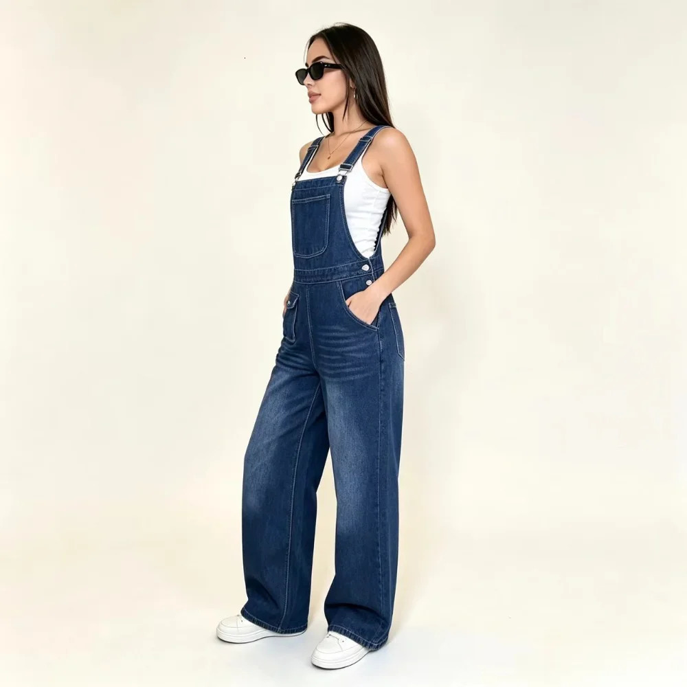 Womens Wide Leg Denim Overalls Loose Washed Straight Cargo Adjustable Straps Multi Pocket Jeans 260714banjia