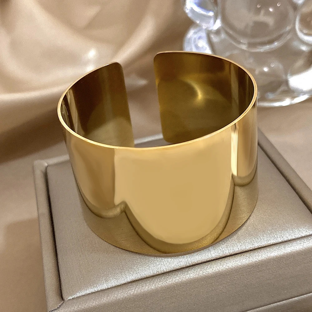Minimalist Stainless Steel Wide Cuff Bracelets Bangles for Women Glossy Chunky Gold Silver Color Open Bangle Waterproof Jewelry260713