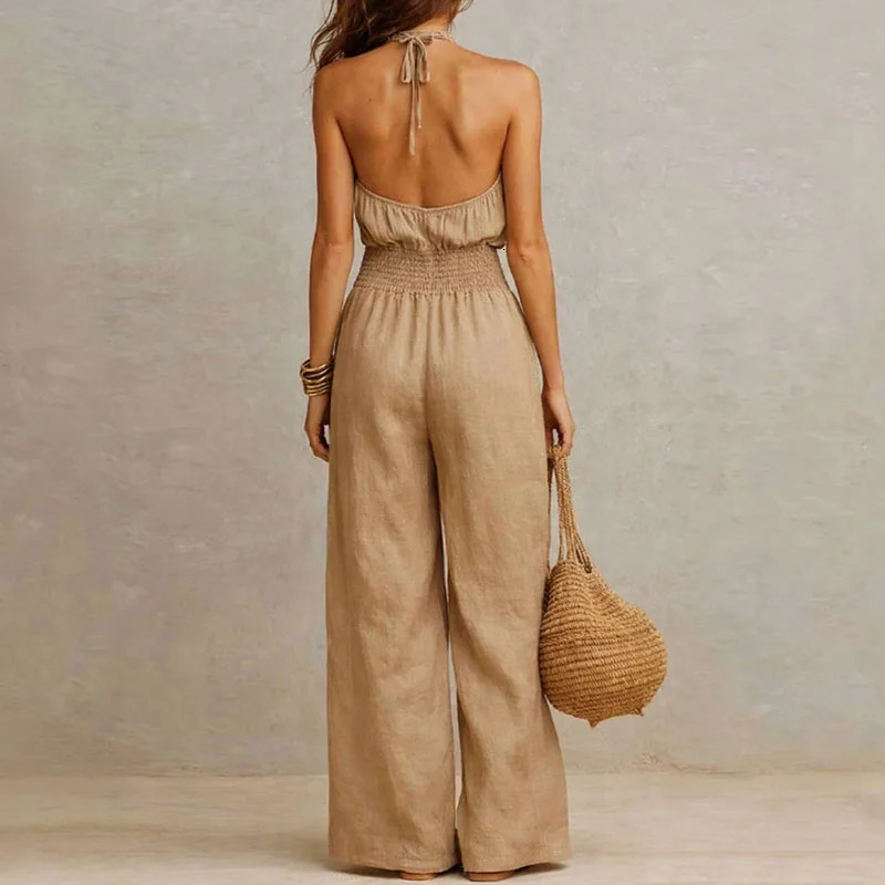Spring Summer Solid High Waist Woman Jumpsuits Elegant Halter Tieup Backless Rompers Casual Sleeveless Wide Leg Pocket Overalls 260714banjia