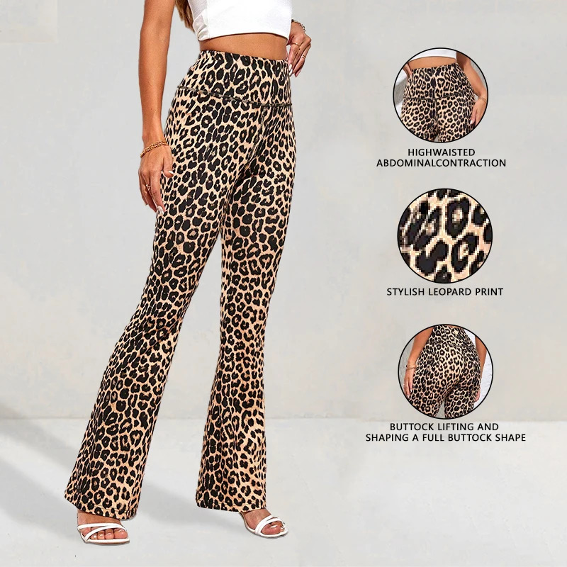 Women Leopard Print Wideleg Yoga Leggings High Waist Hip Lift Breathable Sports Flared Trousers Running Gym Fitness Pants 260714banjia
