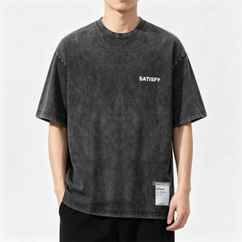 Trendy SATISFY Running MothTech Muscle Round Neck Distressed Pure Cotton Printed Short Sleeve T-shirt Casual Loose Fit Youth 260714