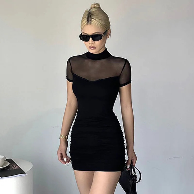 Sexy Spicy Girl Solid Color Mesh Splice round Neck Slim Fit High Waist Overhead Short Style Summer Dress 260714banjia