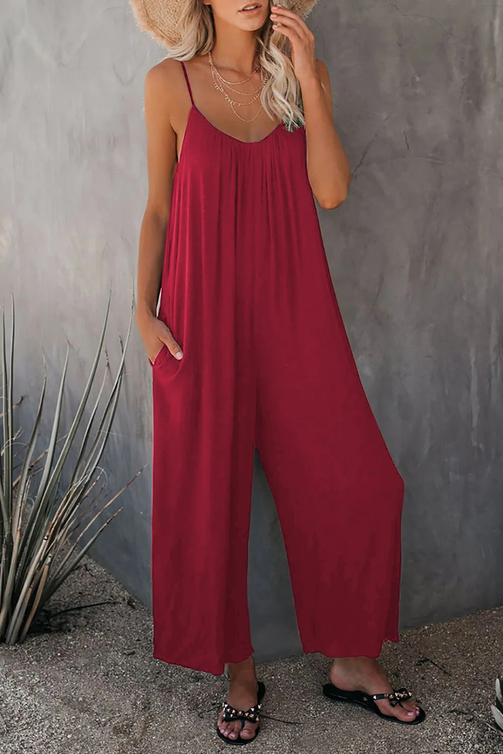 Strap jumpsuit for womens summer crossborder solid color inserted bag casual 260714banjia